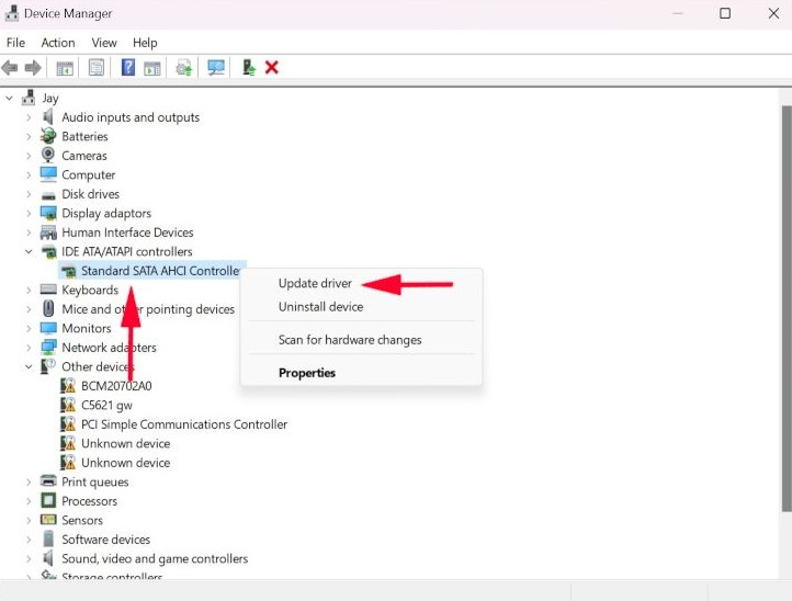 Updating "Standard SATA AHCI Controller" in Device Manager.