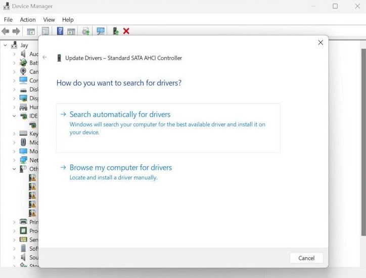 Updating drivers options in Windows. 