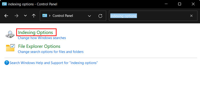 Click on Indexing options in the Control Panel.