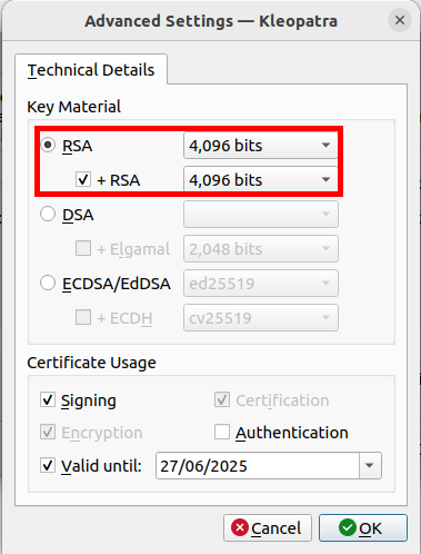 A screenshot of the Advanced Settings window showing the new bit values for the GPG key.