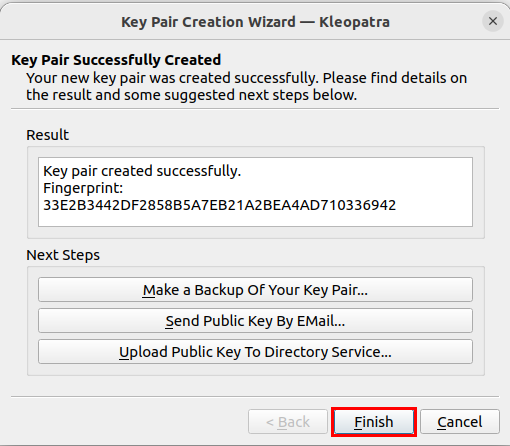 A screenshot showing the finalized details of the new GPG key.
