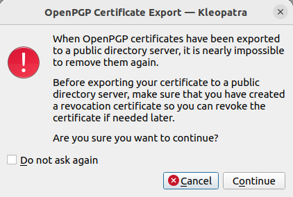 A screenshot showing the warning prompt for uploading public keys.