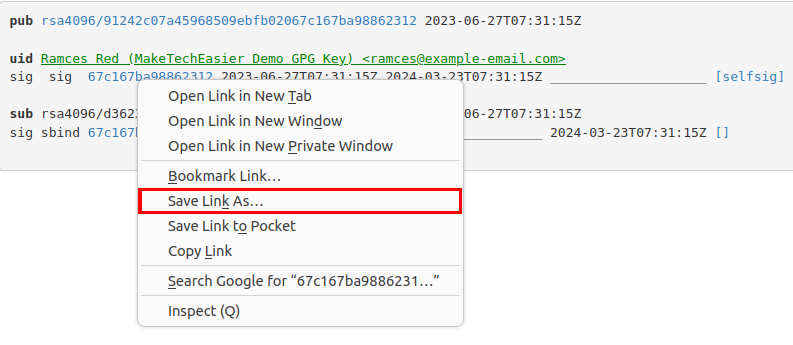 A screenshot showing the "Save Link As..." prompt for the Ubuntu keyserver.