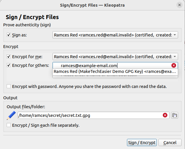 A screenshot showing the various public keys that you can encrypt a file to.