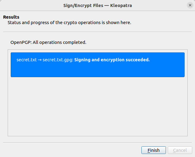 A screenshot showing a confirmation window of the file encryption process.