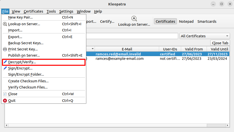 A screenshot showing a GPG decrypt function.