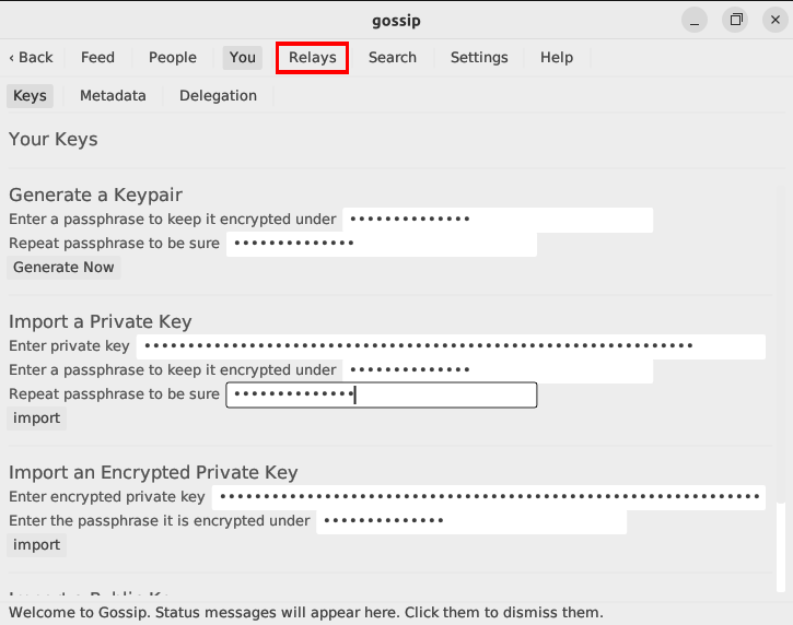 A screenshot of the Gossip interface highlighting the Relays category.