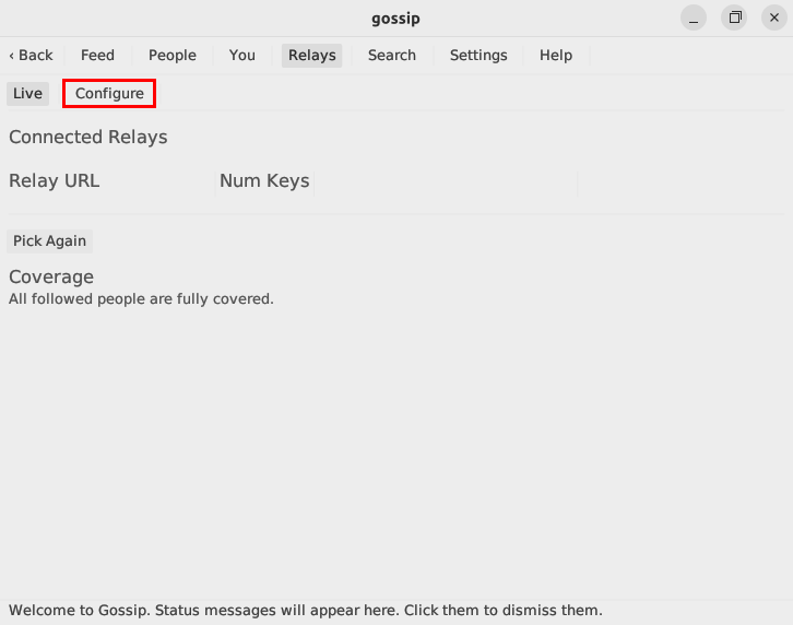 A highlighted screenshot showing the Configure subcategory for Nostr relays.
