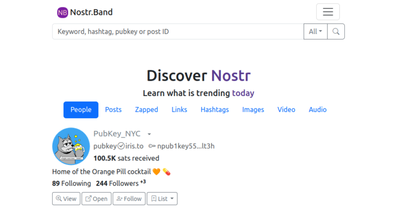 A screenshot of the Nostr.Band webpage.