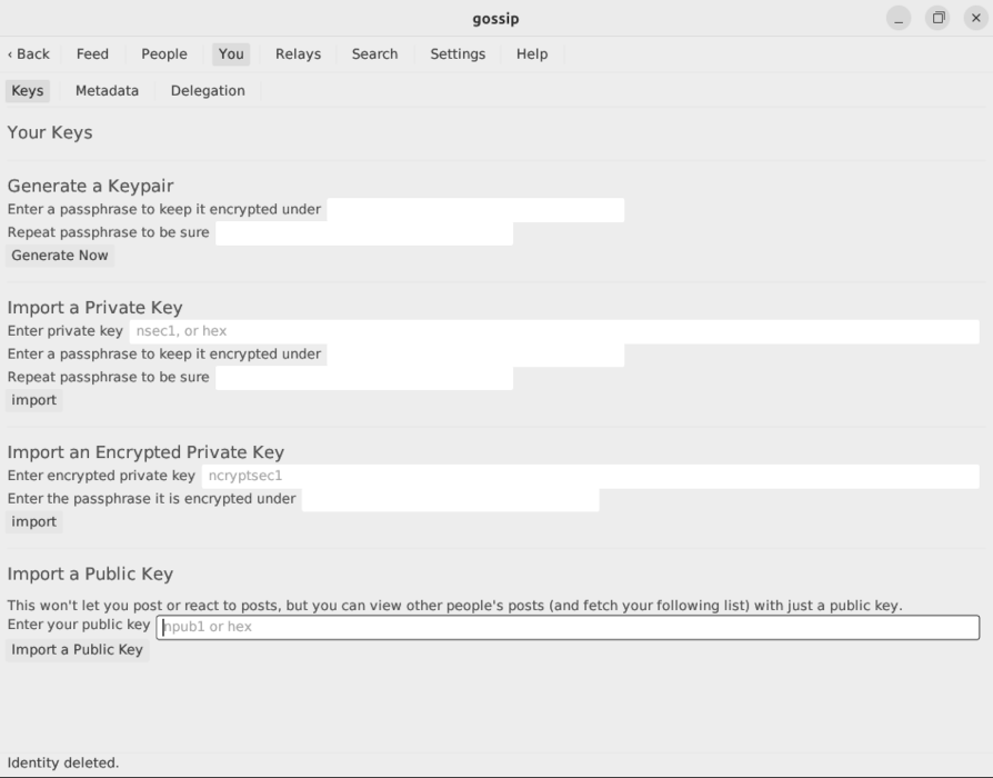 A screenshot showing the Gossip interface for managing keys.