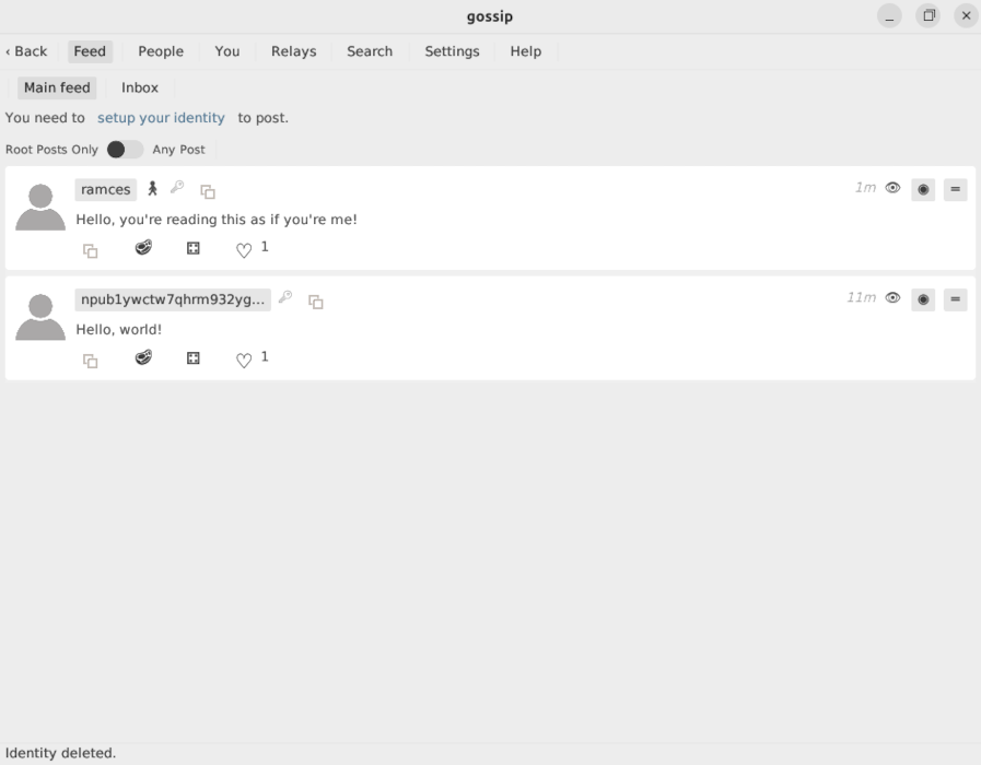 A screenshot showing the Gossip interface with an external Nostr account running.