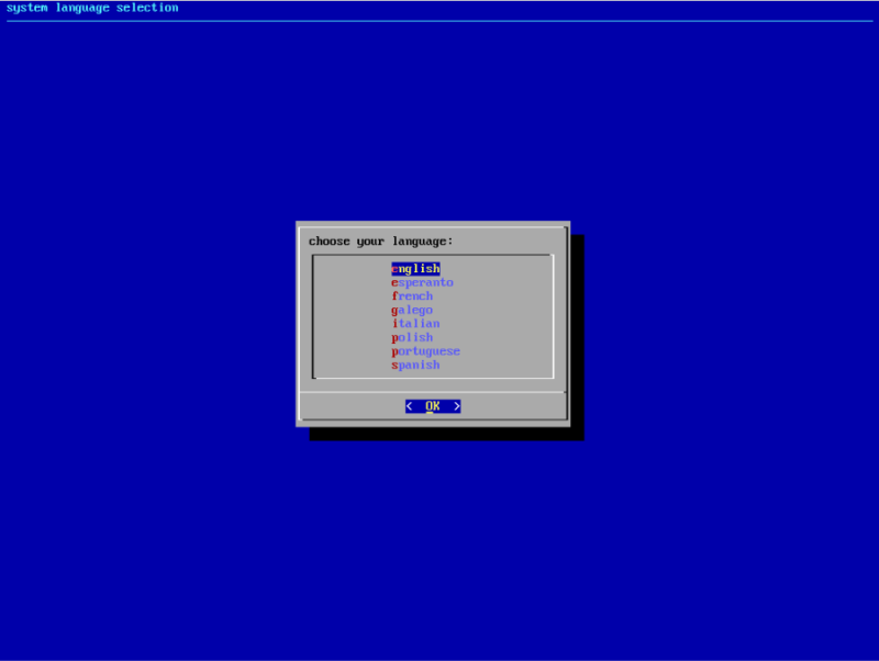 A screenshot of the language settings from the Parabola LiveISO.
