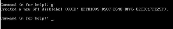 A screenshot of fdisk creating a new partition table.