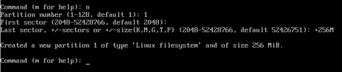 A screenshot of fdisk creating the first partition.