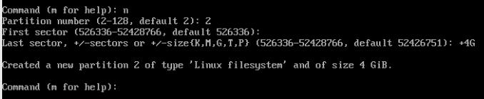 A screenshot of fdisk creating the second partition.