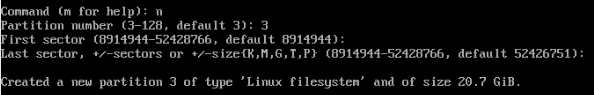A screenshot of fdisk creating the third partition.