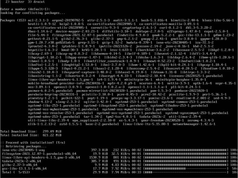 A screenshot that shows the installation process for Parabola base.
