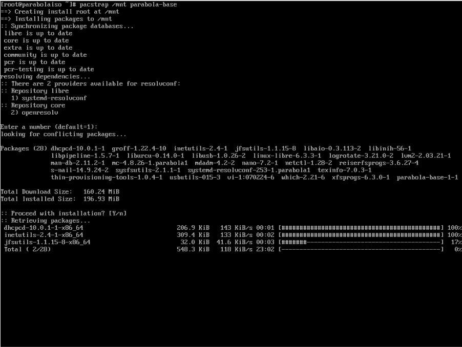 A screenshot that shows the installation process for the Parabola extra packages.