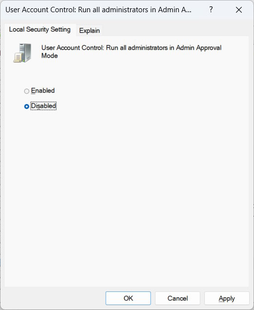 Selecting "Disabled" in policy window.