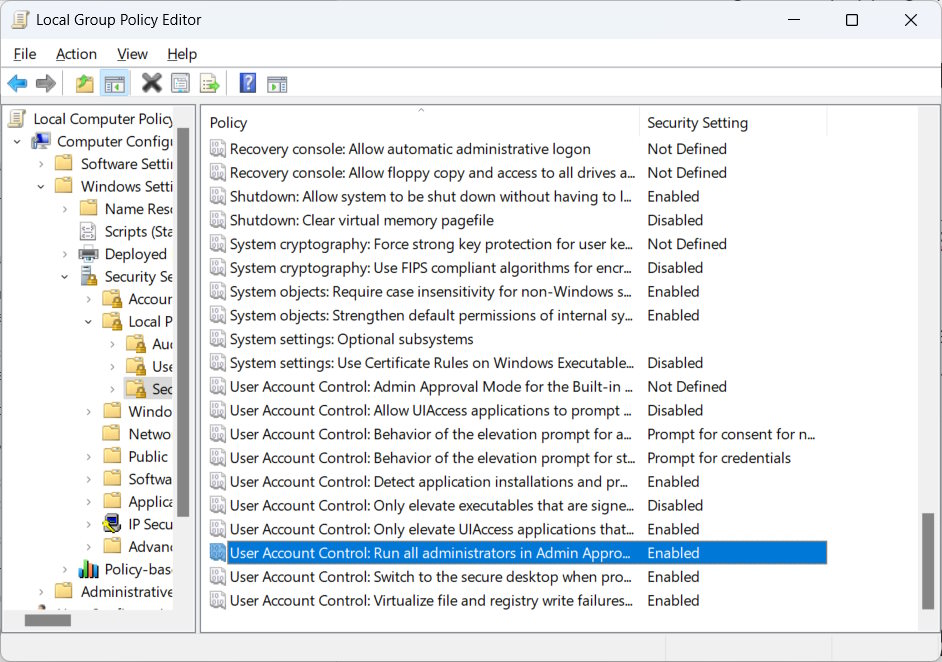 Clicking on "User Account Control: Run all administrators in Admin Approval Mode" policy in Group Policy Editor.