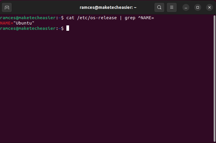 A terminal showing the output of the /etc/os-release file filtered through grep to get the distro name of the system.