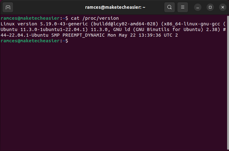 A terminal showing the raw output of /proc/version.