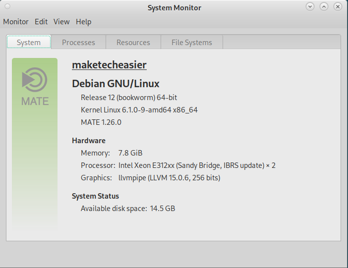 A screenshot of the MATE System Monitor showing the basic system details of the machine.