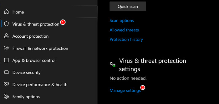 Clicking on "Manage settings" under "Virus & threat protection" in Windows Security.