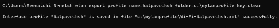 Exporting a WLAN profile via Command Prompt. 
