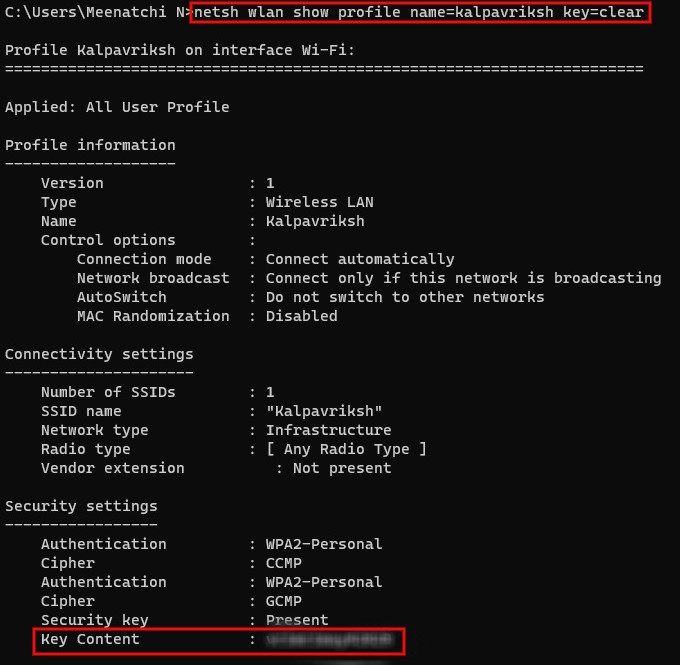 Typing command in cmd to view WLAN profile password.