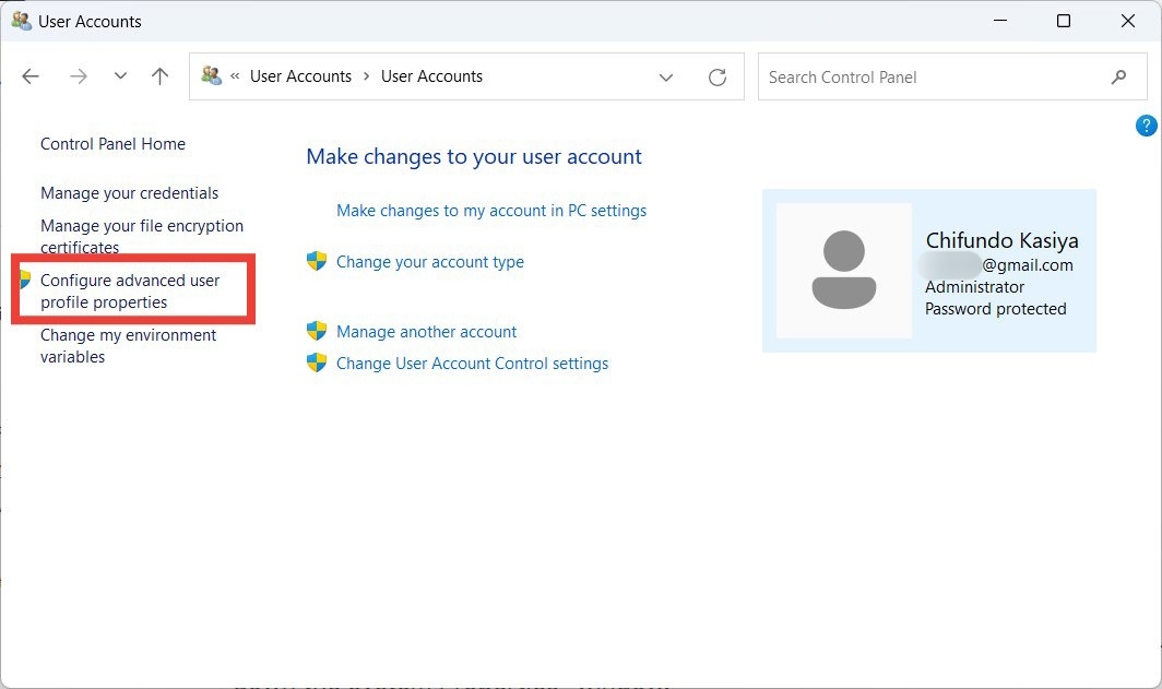 The "Configure Advanced User Profiles Properties" link in Control Panel