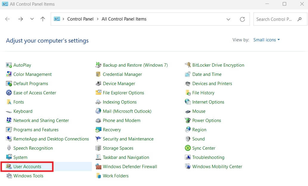 Clicking on "User Accounts" in Control Panel. 