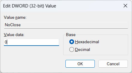 Changing "Value data" for NoClose value.  