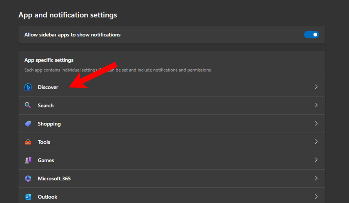Selecting "Discover" on the "App and notification settings" in Edge browser.