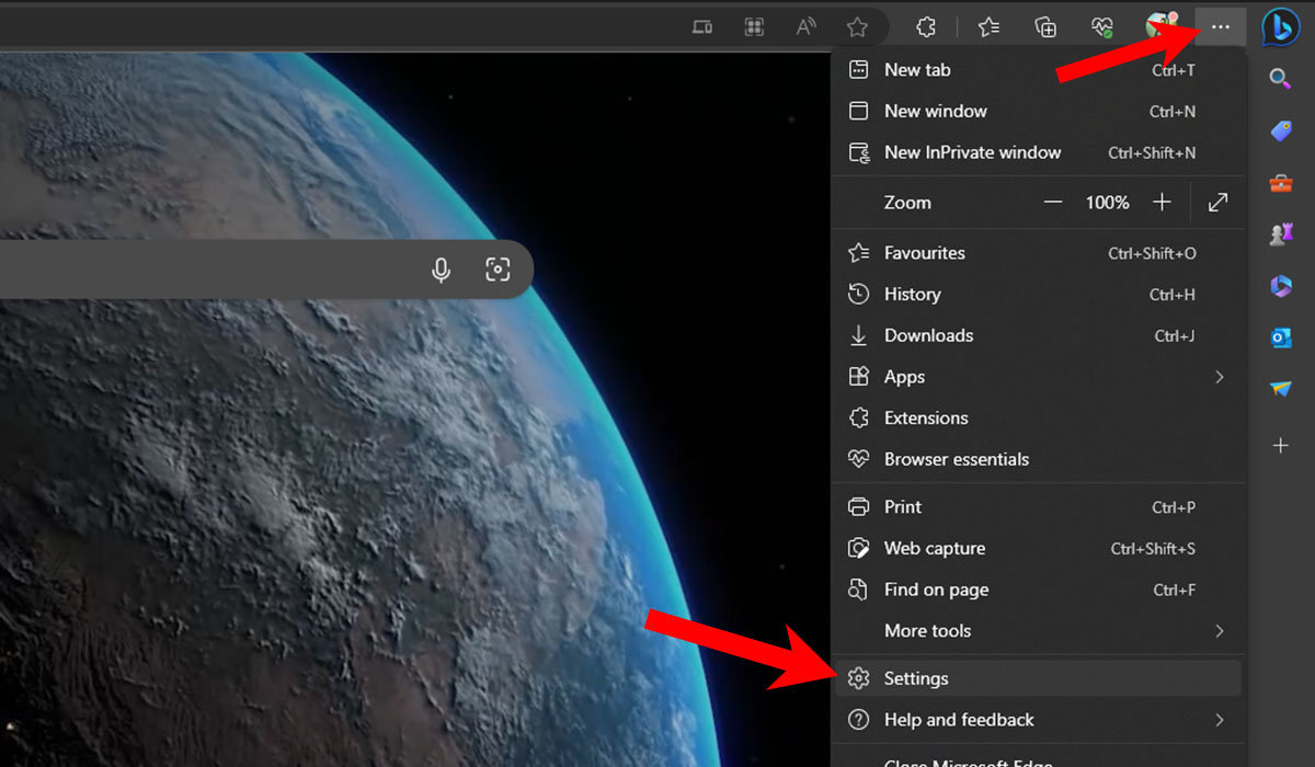 Clicking on "Settings" option from menu in Microsoft Edge. 