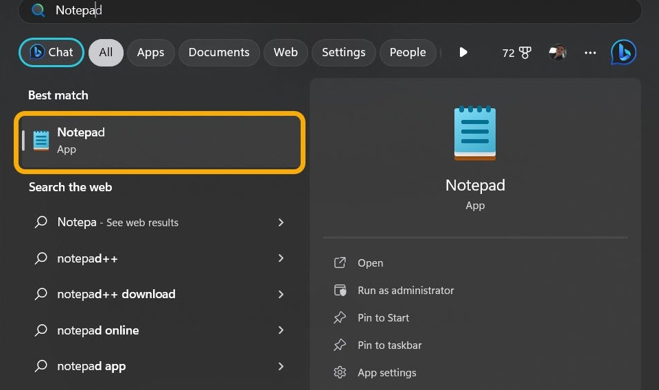 Typing notepad in Windows Search.