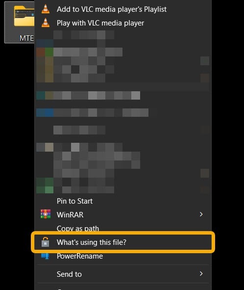 Clicking on "What's using this file" option from the context menu.