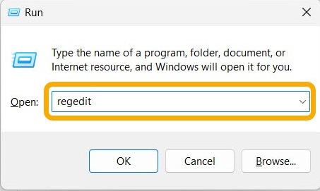 Typing "regedit" in Run window.