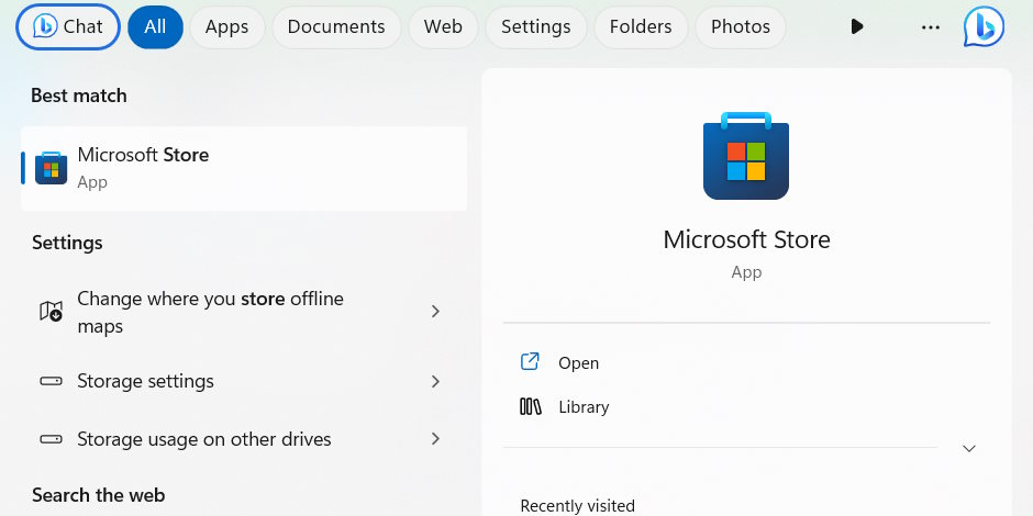 Opening Microsoft Store via Windows Search.