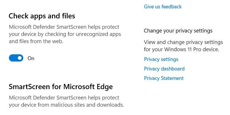The "Check Apps and Files" toggle in the Windows Security app