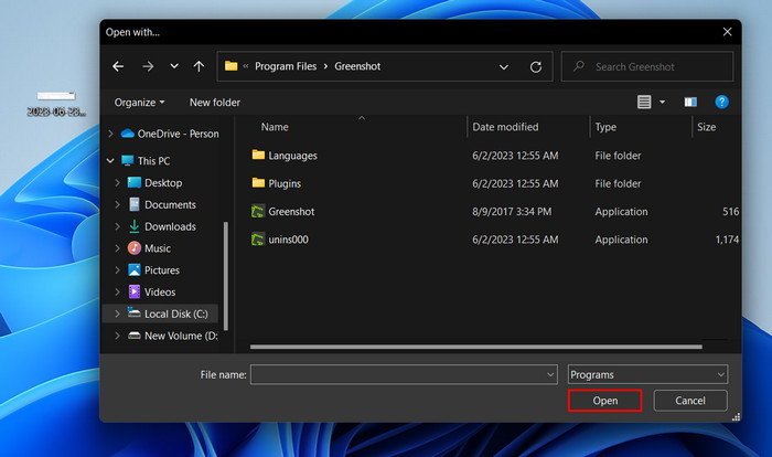 Clicking "Open" button to launch an app or program.