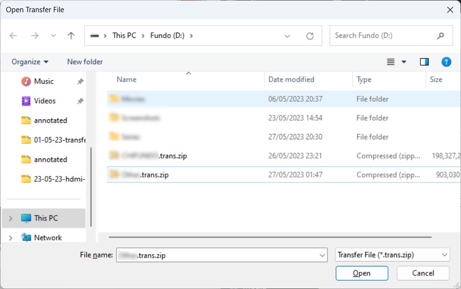The window for choosing a profile backup in Transwiz on Windows.