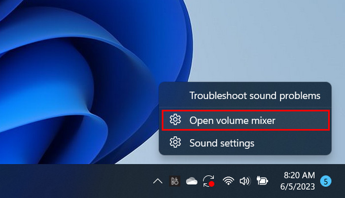 Selecting "Open volume mixer" option.