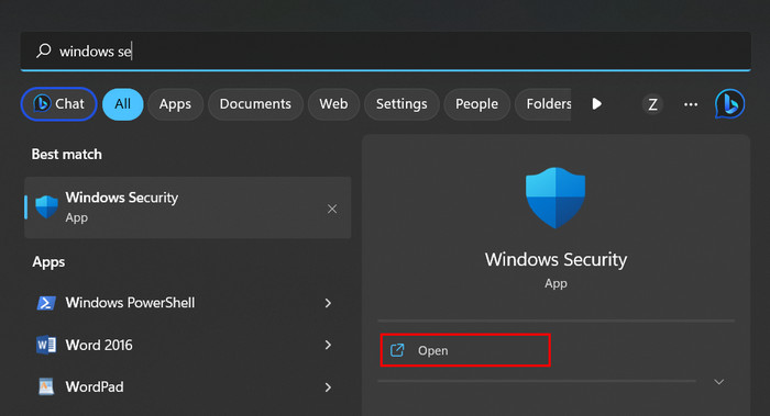 Typing "Windows Security" in Windows Search.