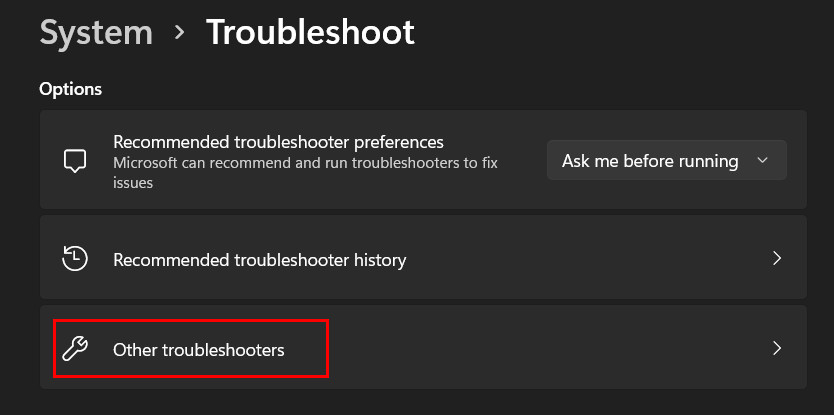 Clicking on "Other troubleshooters" option under System in Settings.