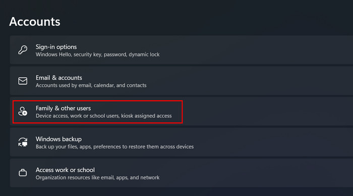 Clicking on "Family & other users" 
