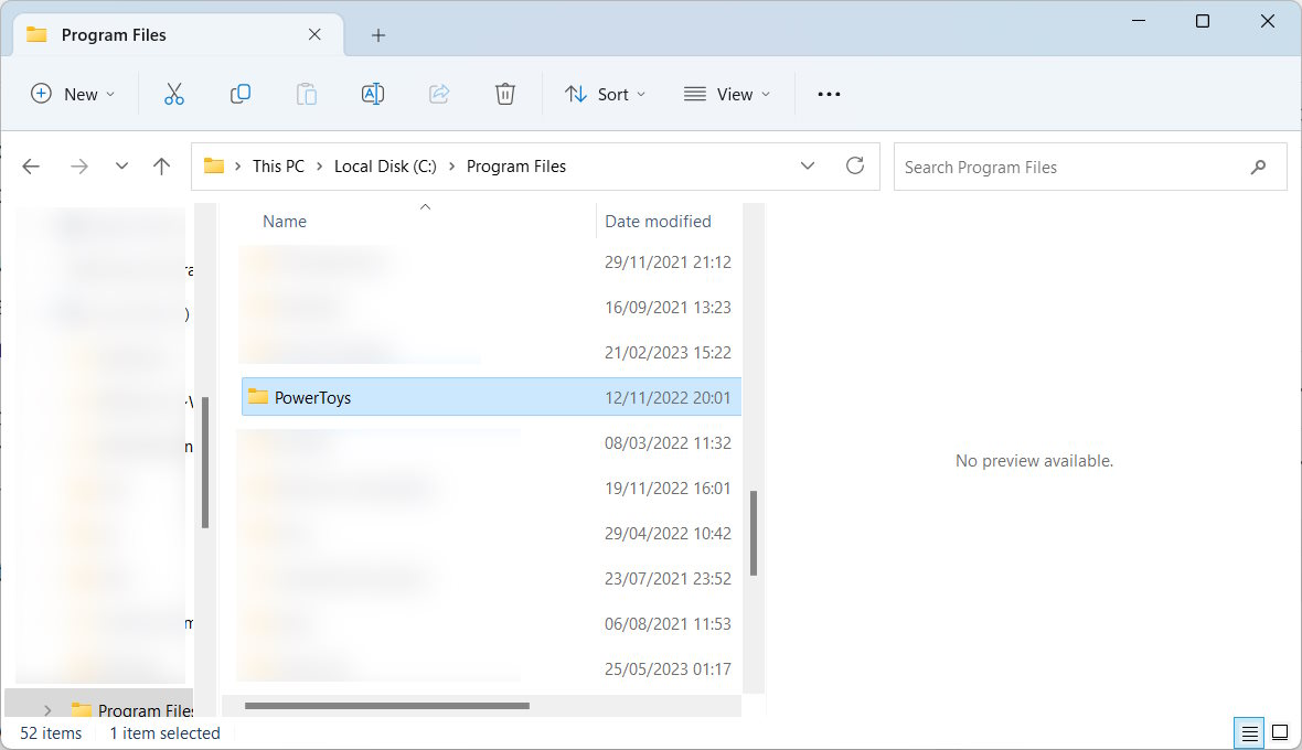 The PowerToys folder on Windows.