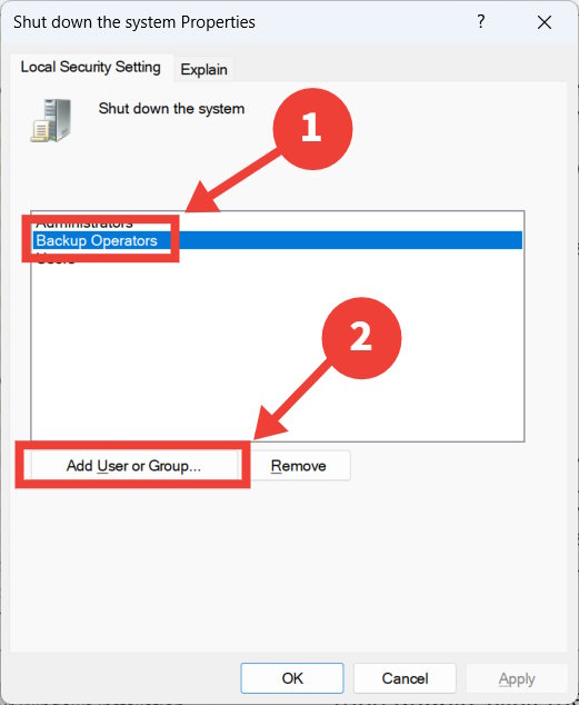 "Add User Group" button and "Backup Operators" option highlighted in the "Shut down the system Properties dialog box.