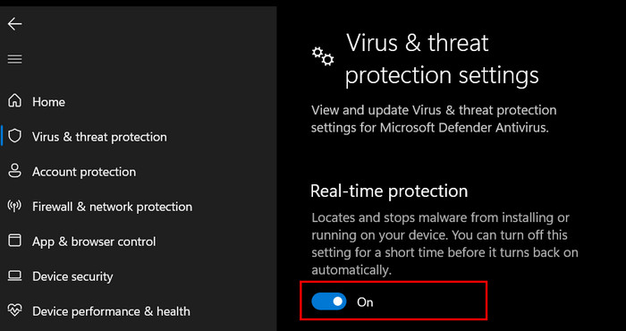 Disabling "Real-time protection" option under Virus & threat protection settings in Windows Security.
