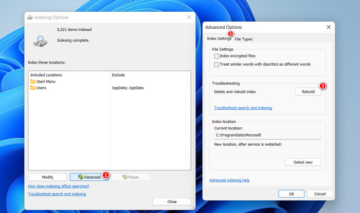 Rebuild Indexing using the Indexing Options settings.